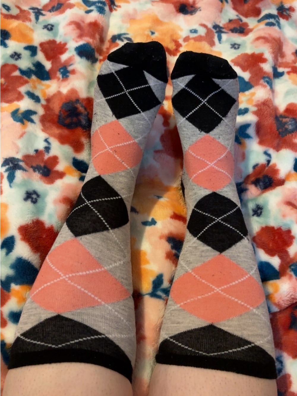 Classic Argyle Mid Length Socks in Coral, Gray and Black